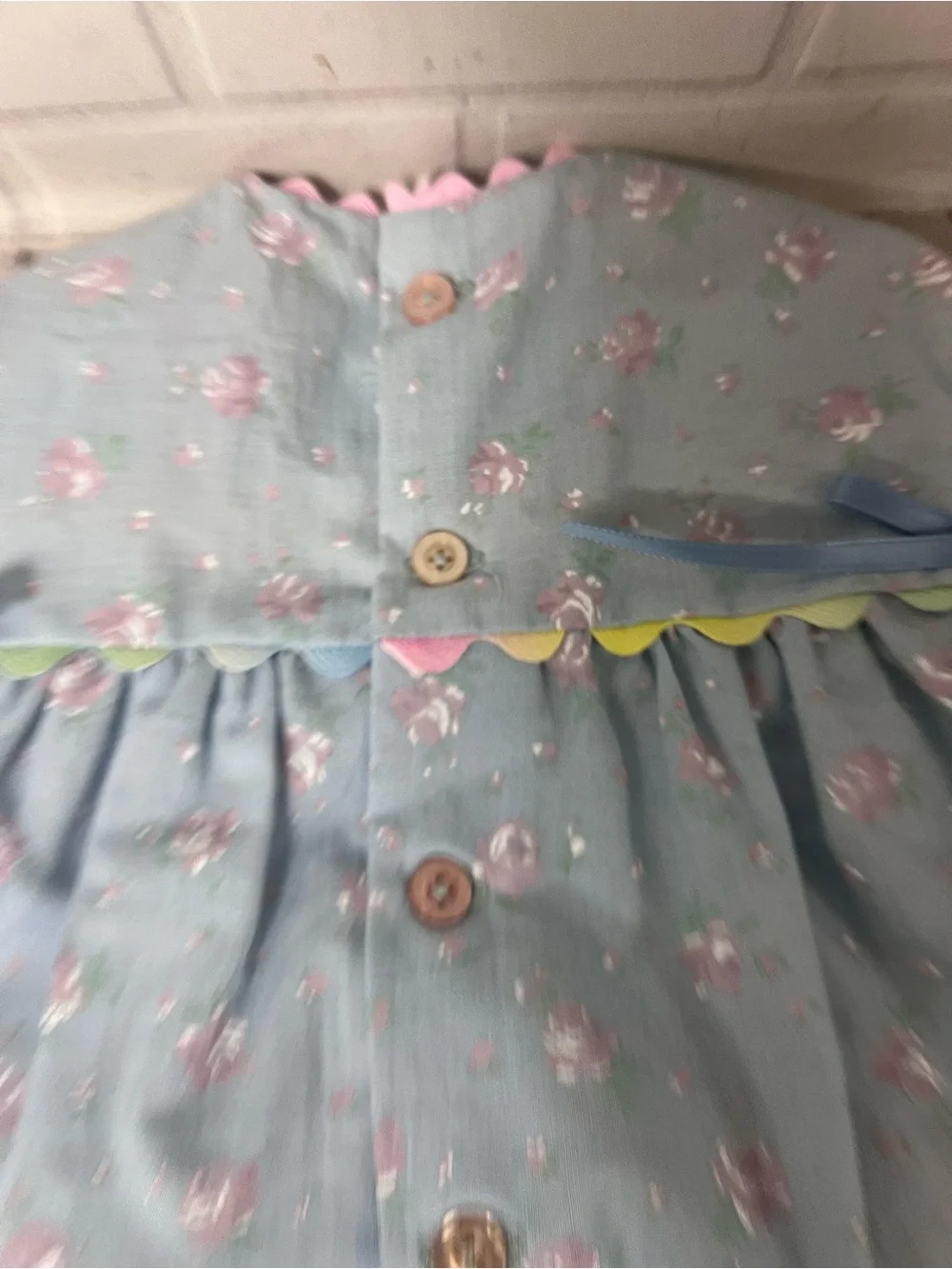 Vintage Hand Made Size 9-12 Months Baby Dress Embroidered Flower Bow Blue